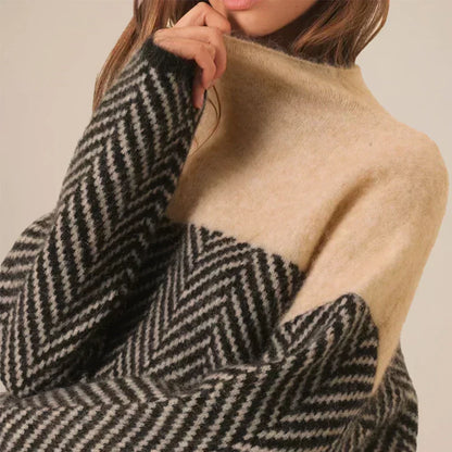 Women’s Warm Herringbone Knit Sweater - Stand Collar, Casual