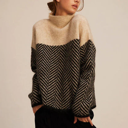Women’s Warm Herringbone Knit Sweater - Stand Collar, Casual