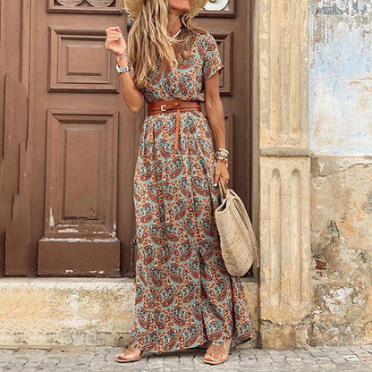 Elegant Boho Women's Maxi Dress, V-Neck Short Sleeve Summer Dress, Adjustable Belt, Full-Length, Soft Polyester, Multiple Colors Available-3