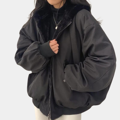 Women's Warm Oversized Jacket - Hooded Coat, Faux Fur