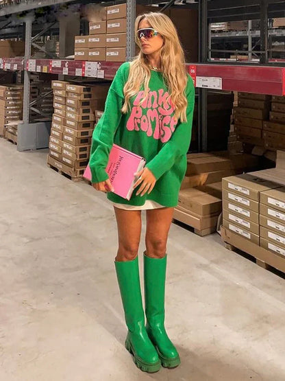 Oversized Women’s Pullover - Graphic Sleeve, Knit, Regular