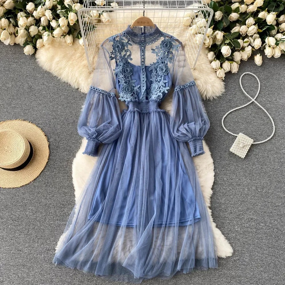 Elegant Floral Midi Dress for Women with Lantern Sleeves and Upright Collar - Perfect for Summer Parties and Special Occasions-2