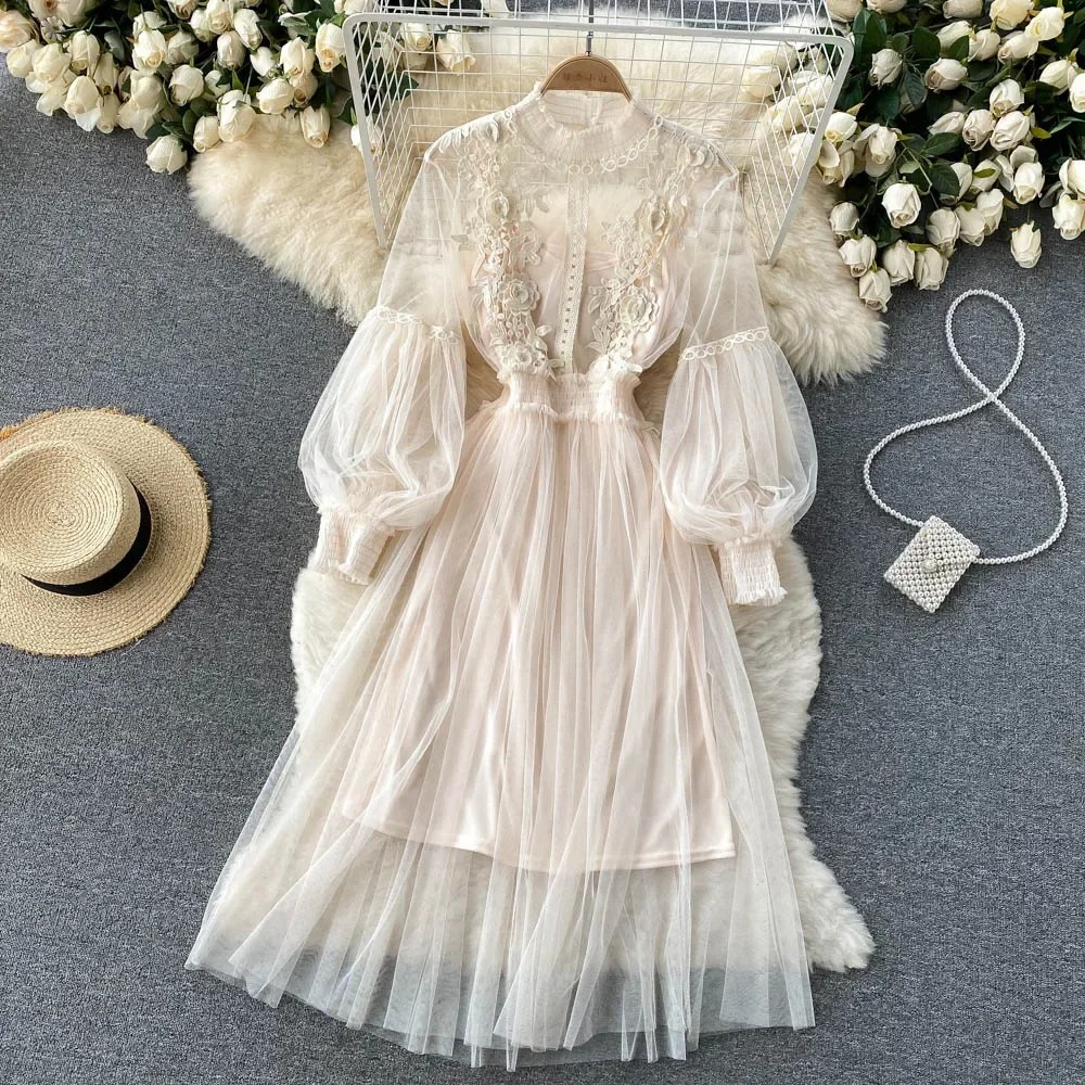 Variant image for Elegant Floral Midi Dress for Women with Lantern Sleeves and Upright Collar - Perfect for Summer Parties and Special Occasions-11