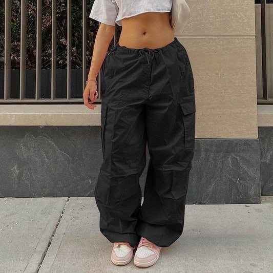 Black Cargo Pants for Women with Adjustable Waist, Multiple Pockets, and Relaxed Fit for Versatile Styling-1