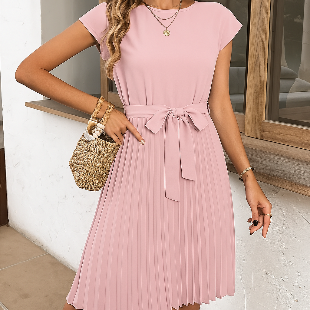 Short Sleeve Pleated Mini Dress for Summer Casual Wear - Elegant & Cozy Summer Dress for Regular Style
