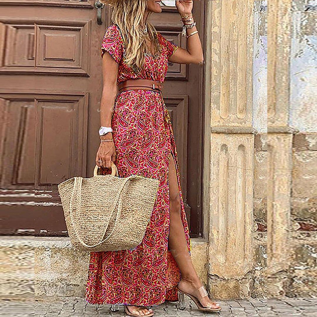 Elegant Boho Women's Maxi Dress, V-Neck Short Sleeve Summer Dress, Adjustable Belt, Full-Length, Soft Polyester, Multiple Colors Available-4