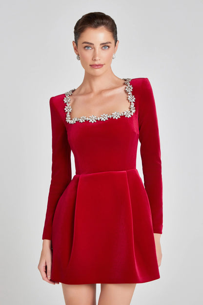 Square Neck With Floral Rhinestones, Velvet, For Holiday Parties – Fitted and Flattering Women's A-Line Dress