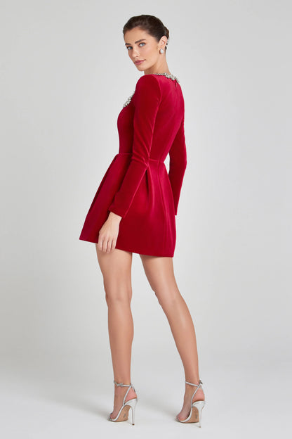 Square Neck With Floral Rhinestones, Velvet, For Holiday Parties – Fitted and Flattering Women's A-Line Dress