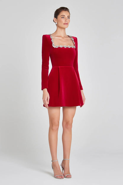 Square Neck With Floral Rhinestones, Velvet, For Holiday Parties – Fitted and Flattering Women's A-Line Dress