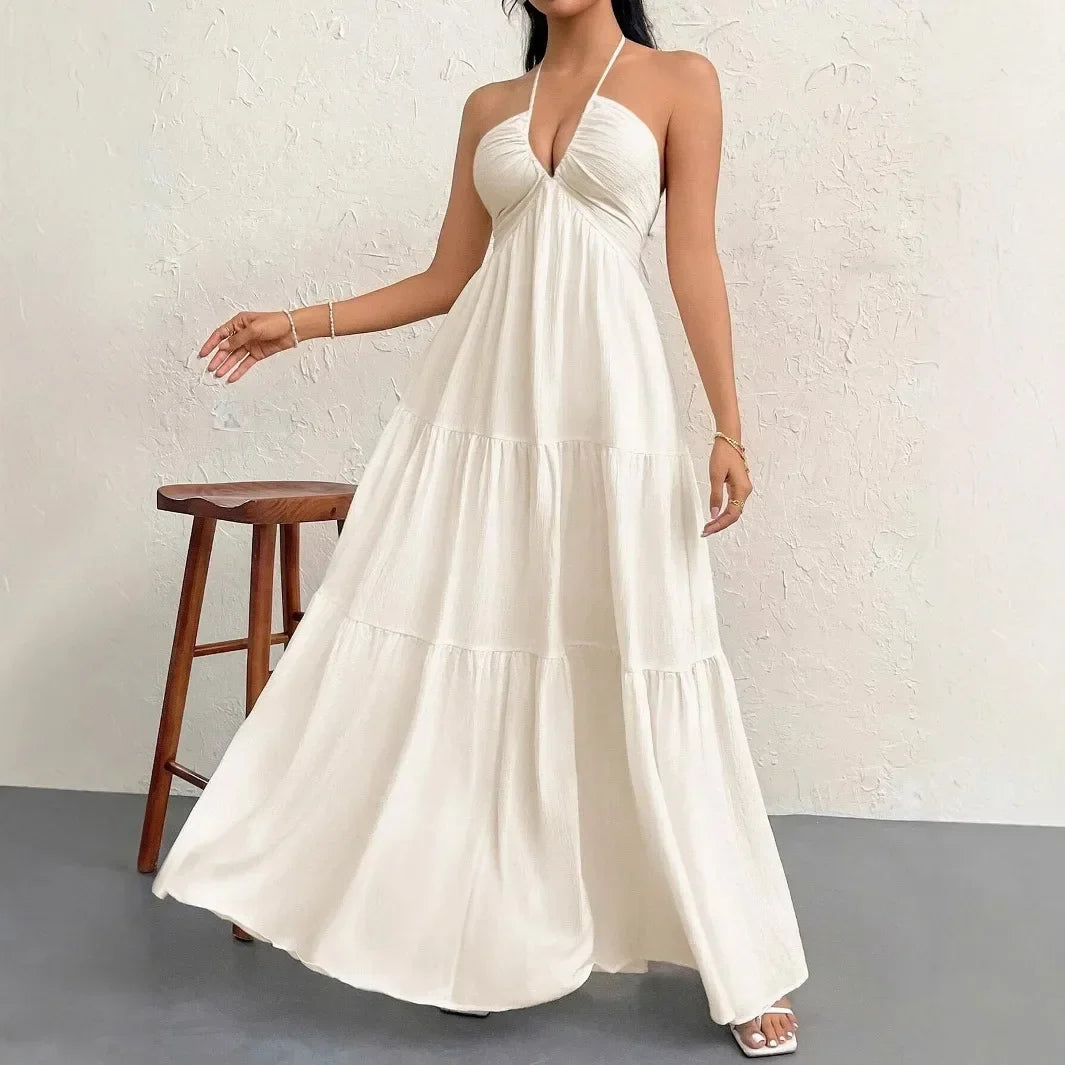Elegant Backless V-Neck A-Line Dress for Women, Pleated Ankle-Length Summer Wedding Guest Dress 0
