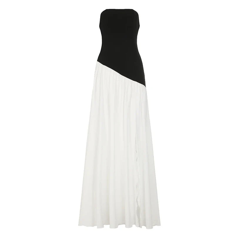 Elegant Strapless Maxi Dress with Patchwork Scarf Collar and High Split for Summer Evening Events 5