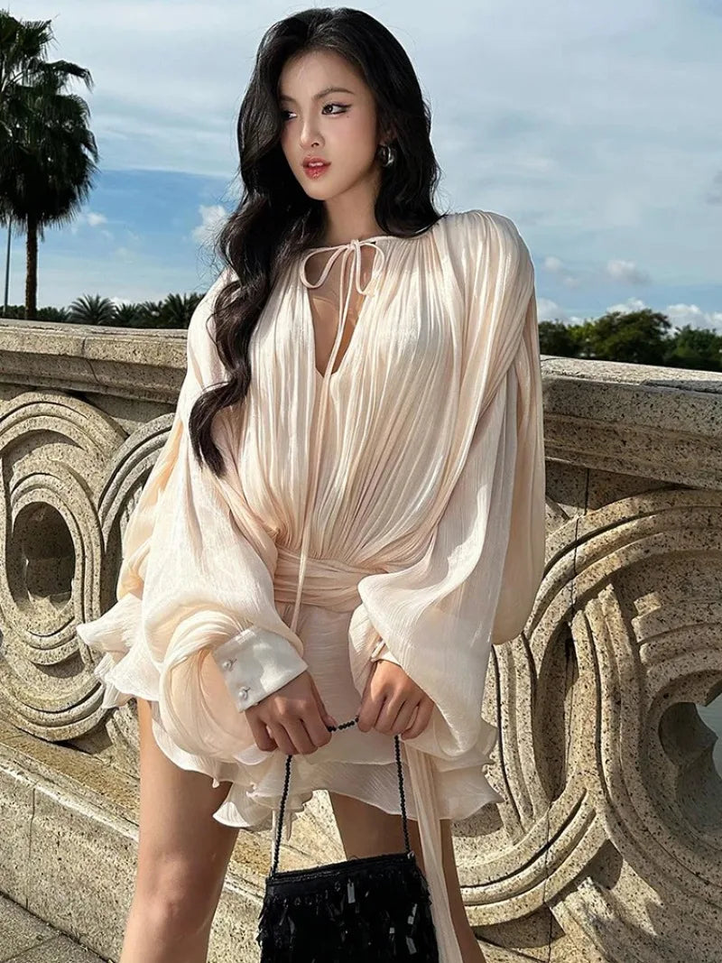 Elegant Women's Dress with Ruched Design, Lantern Sleeves, and High Waist for Summer Events 4