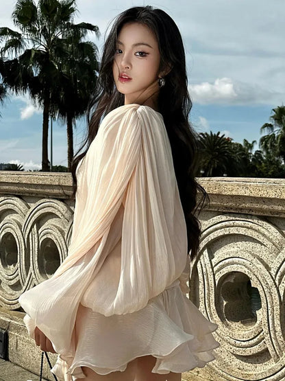 Elegant Women's Dress with Ruched Design, Lantern Sleeves, and High Waist for Summer Events 5