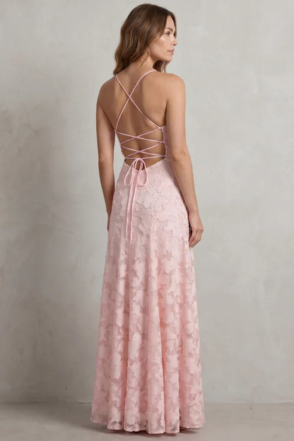 Plush women's dress - backless lace-up, lace-overlay chiffon, for formal occasions