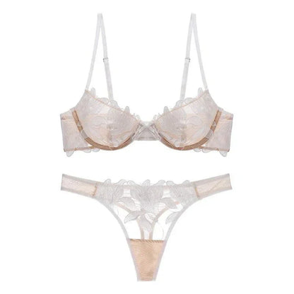 Variant image for Florisse Mesh Lingerie Set with Floral Embroidery, Underwire Bra and Matching Thong, Sheer Black or Beige Sexy Lingerie Sets-5