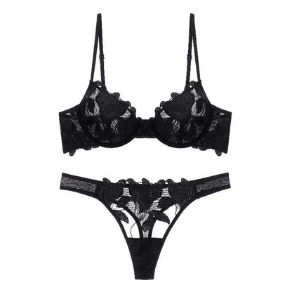 Florisse Mesh Lingerie Set with Floral Embroidery, Underwire Bra and Matching Thong, Sheer Black or Beige Sexy Lingerie Sets-1