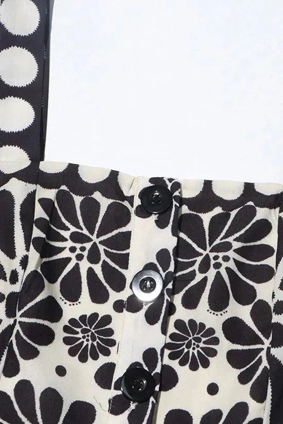 Vintage Floral Polka Dot Romper with Smocked Back, Square Neckline, and Slanted Pockets in Black and White-4