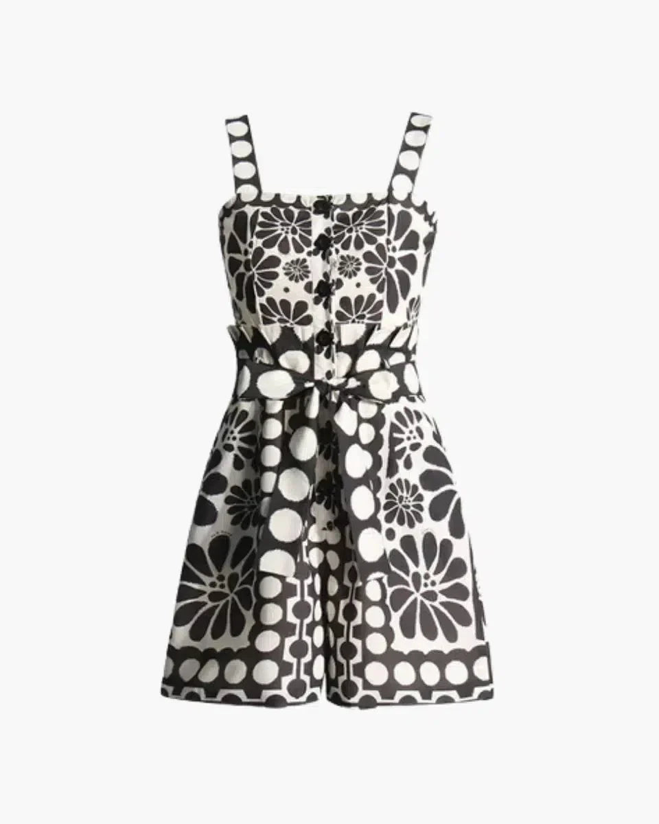 Variant image for Vintage Floral Polka Dot Romper with Smocked Back, Square Neckline, and Slanted Pockets in Black and White-1