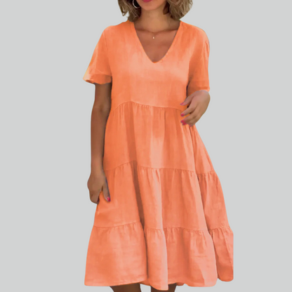 Linen Cotton Casual Women's Dress - Short Sleeve V-neck Swing Summer S-5XL