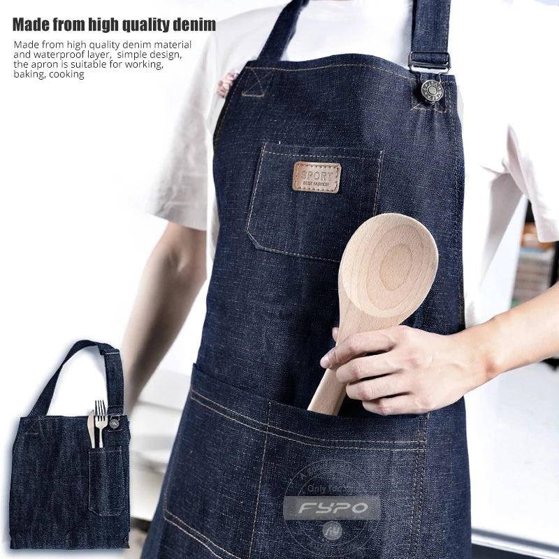 Denim Apron Flexible Neck Bib Apron Sturdy Barista Kitchen Apron Fall 2025 Hygienic Workwear With Pockets
