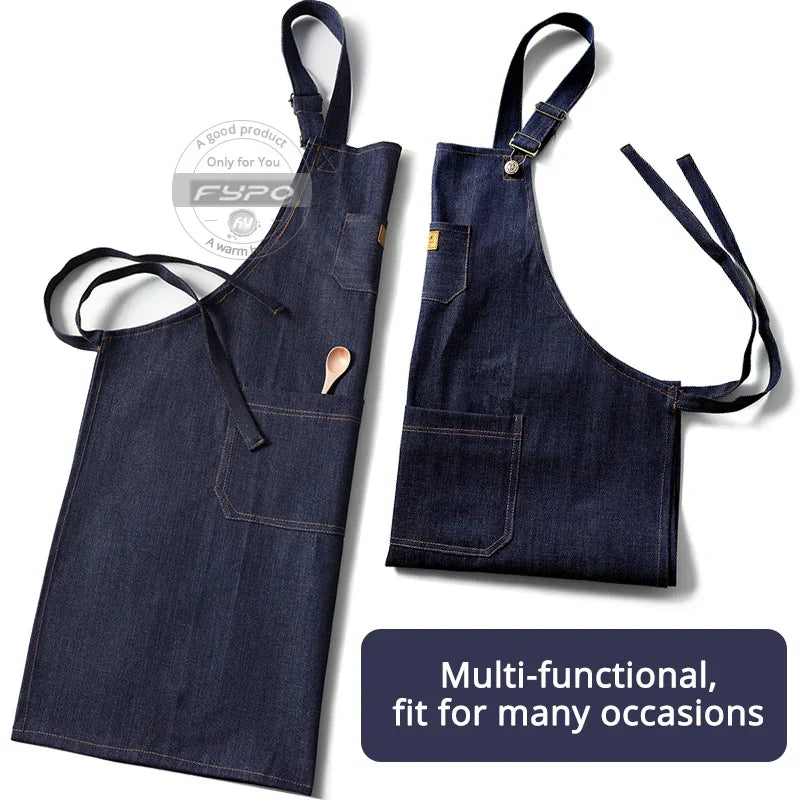Denim Apron Flexible Neck Bib Apron Sturdy Barista Kitchen Apron Fall 2025 Hygienic Workwear With Pockets