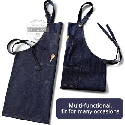 Denim Apron Flexible Neck Bib Apron Sturdy Barista Kitchen Apron Fall 2025 Hygienic Workwear With Pockets