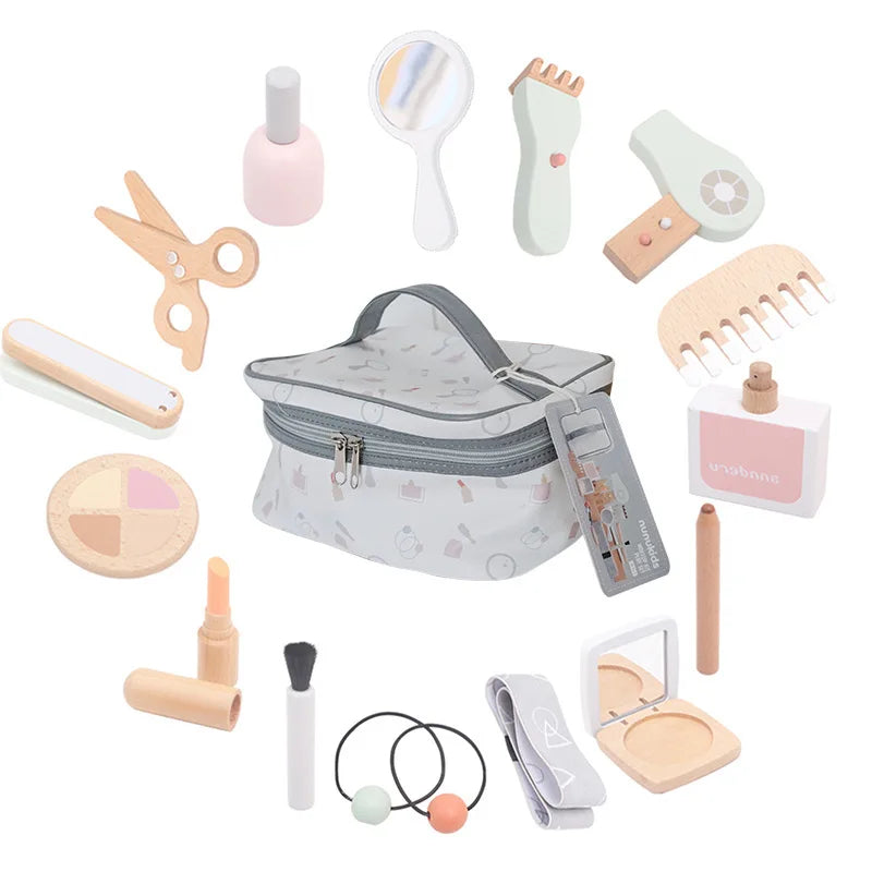 Kids2025 Edition Makeup Kit Wooden Pretend Play Cosmetic Toy With Carry Bag Eco Friendly Hairdressing Kit Holiday Gift