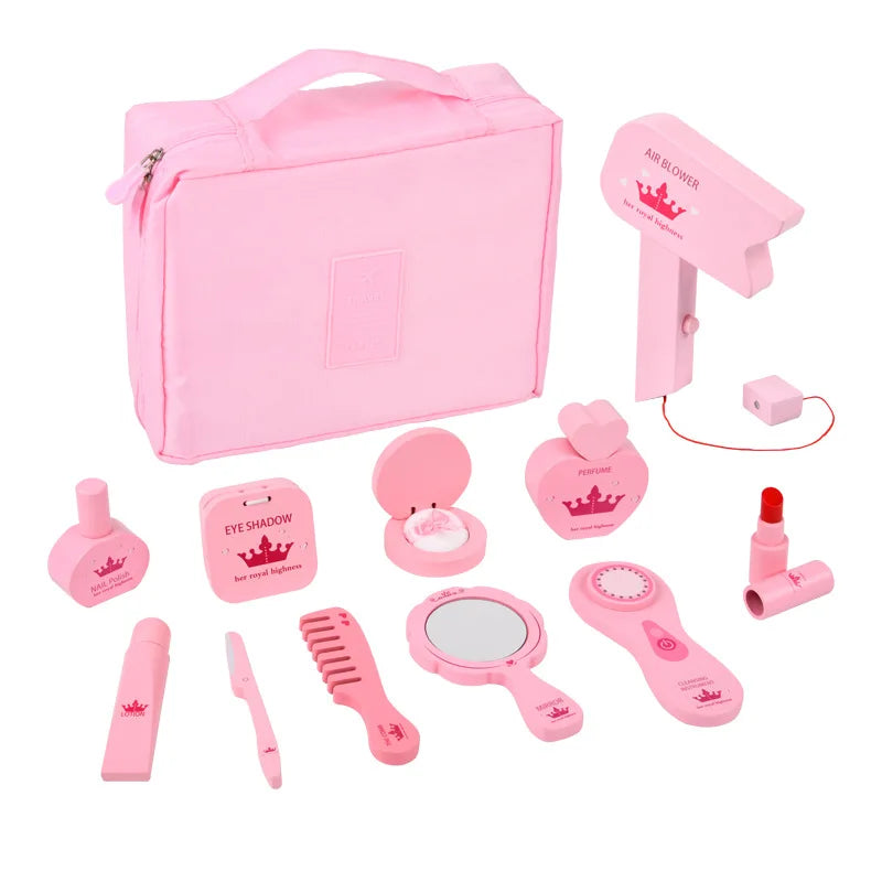 Kids2025 Edition Makeup Kit Wooden Pretend Play Cosmetic Toy With Carry Bag Eco Friendly Hairdressing Kit Holiday Gift