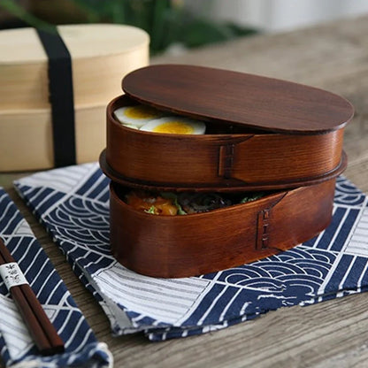 Japanese Wooden Style Bento Box Double-Layer Lunch Container for Workers & Students