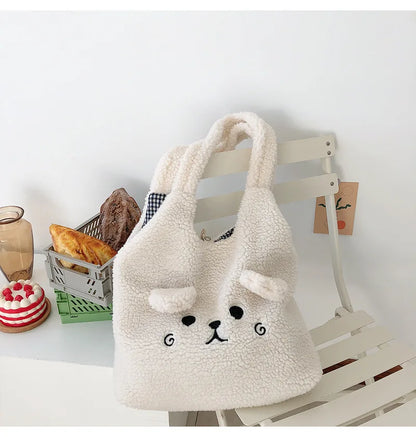 Tote Bag Plush Cartoon Embroidery Shoulder Bag Winter 2025 Cozy Faux Lamb Hair Shopper Gift