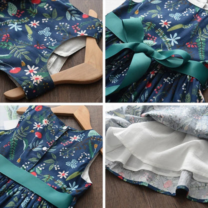 Floral Butterfly Print, Knee-Length, Sleeveless, Sash Waist, Casual Wear – Light and Flattering Girls' Dress
