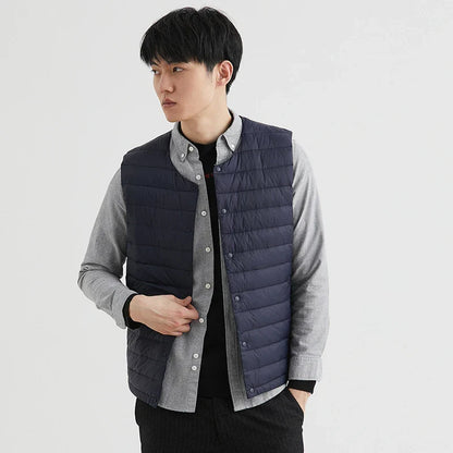 Light Men's Down Vest - Short Quilted, Nylon Layering