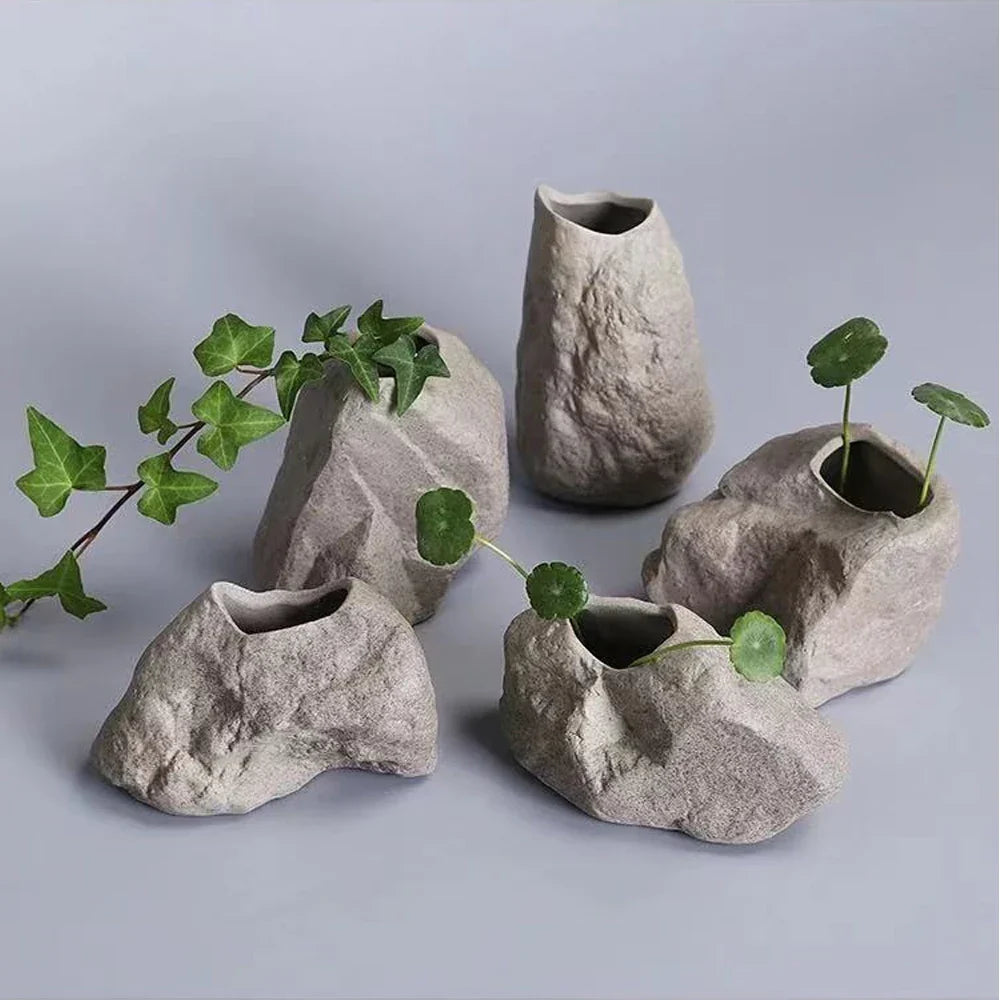 Ceramic Vase Stone Texture Tabletop Sculpture Vase Household Decor Fall 2025 Wedding Centerpiece Rustic Gift