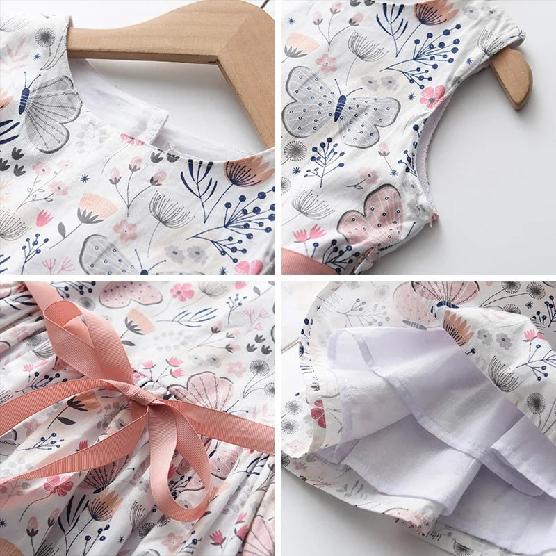 Floral Butterfly Print, Knee-Length, Sleeveless, Sash Waist, Casual Wear – Light and Flattering Girls' Dress