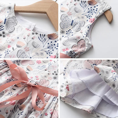 Floral Butterfly Print, Knee-Length, Sleeveless, Sash Waist, Casual Wear – Light and Flattering Girls' Dress