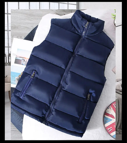 Slim Warm Men’s Puffer Vest - Stand Collar, Polyester, Casual