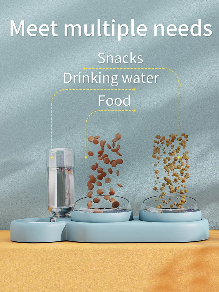 Raised Pet Feeding Station Tilted 3-Bowl Design With 500ML Water Bottle Fall 2025 Comfort-Grip Spine Protection