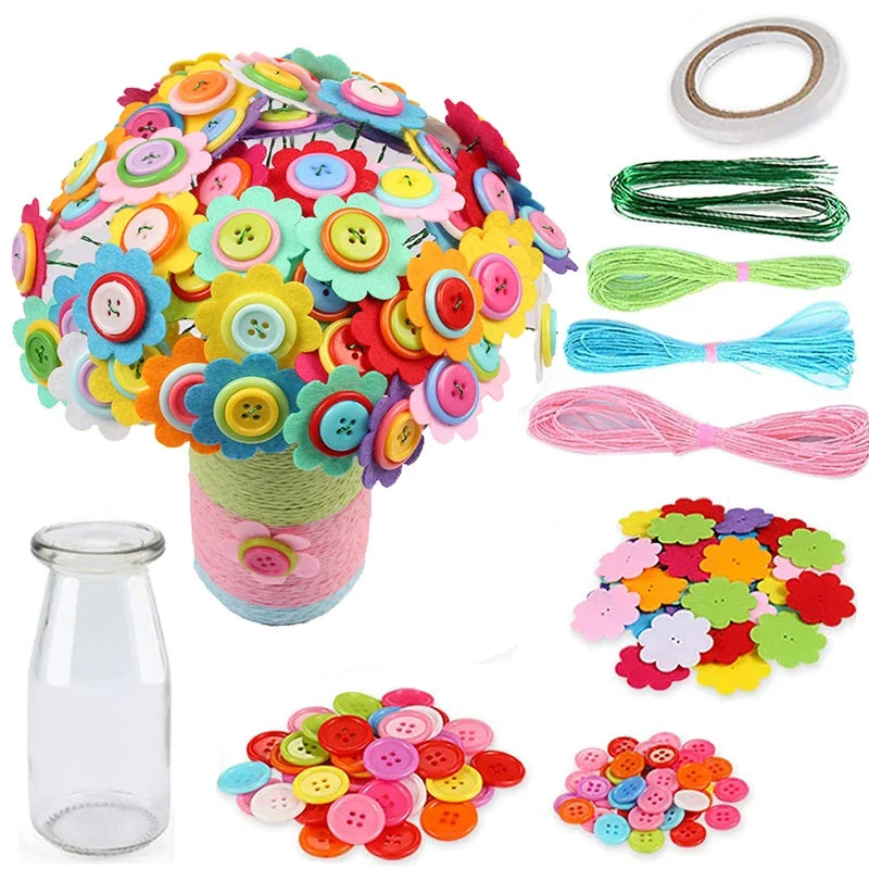& Button Felt Flower Bouquet Craft Kit - DIY Vase Art Project for Kids, Creative Activity Gift for Boys & Girls