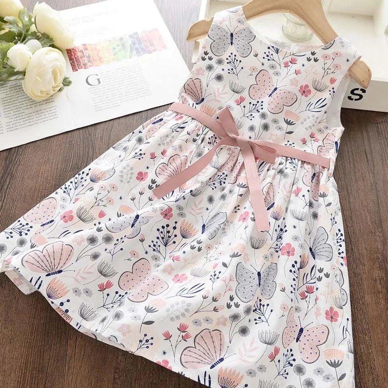 Floral Butterfly Print, Knee-Length, Sleeveless, Sash Waist, Casual Wear – Light and Flattering Girls' Dress