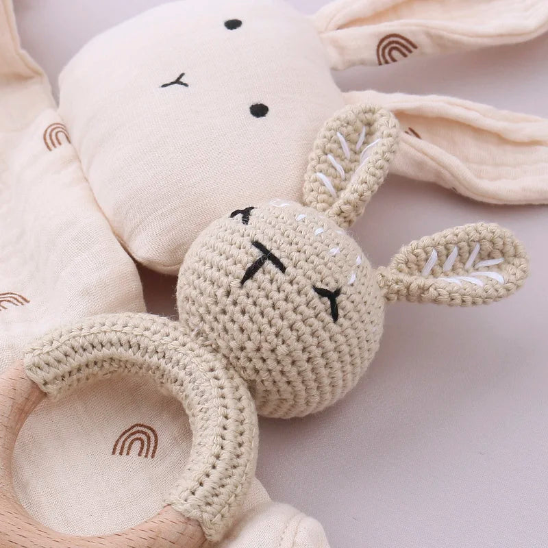 Teething Toy Wooden Ring Rattle Kit With Cotton Gauze Mobile Gym Newborn Gift Fall 2025 Soothing