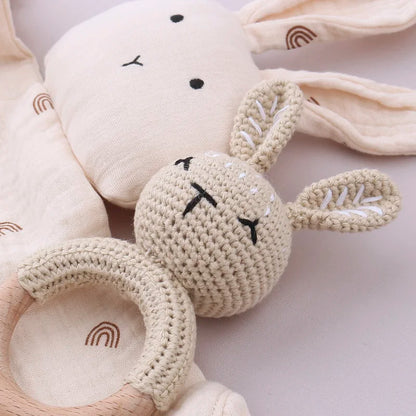 Teething Toy Wooden Ring Rattle Kit With Cotton Gauze Mobile Gym Newborn Gift Fall 2025 Soothing