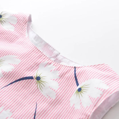 Floral Butterfly Print, Knee-Length, Sleeveless, Sash Waist, Casual Wear – Light and Flattering Girls' Dress
