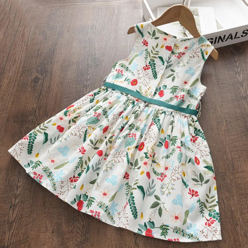 Floral Butterfly Print, Knee-Length, Sleeveless, Sash Waist, Casual Wear – Light and Flattering Girls' Dress
