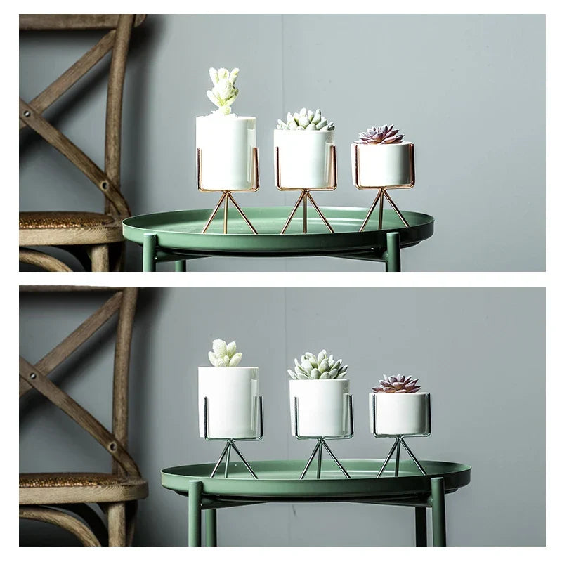 Ceramic Planters Kit Of 3 With Gold Iron Stand Contemporary Desktop Succulent Planters Fall 2025 Trendy Gift