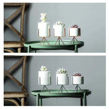 Ceramic Planters Kit Of 3 With Gold Iron Stand Contemporary Desktop Succulent Planters Fall 2025 Trendy Gift