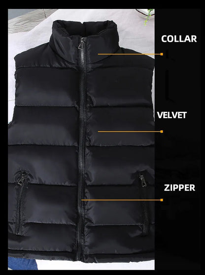 Slim Warm Men’s Puffer Vest - Stand Collar, Polyester, Casual