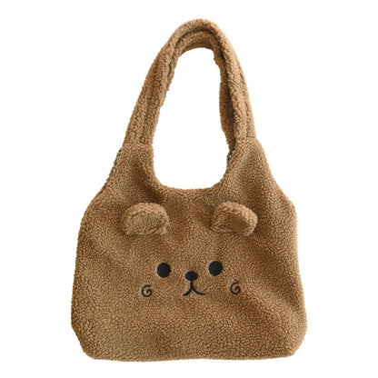 Tote Bag Plush Cartoon Embroidery Shoulder Bag Winter 2025 Cozy Faux Lamb Hair Shopper Gift