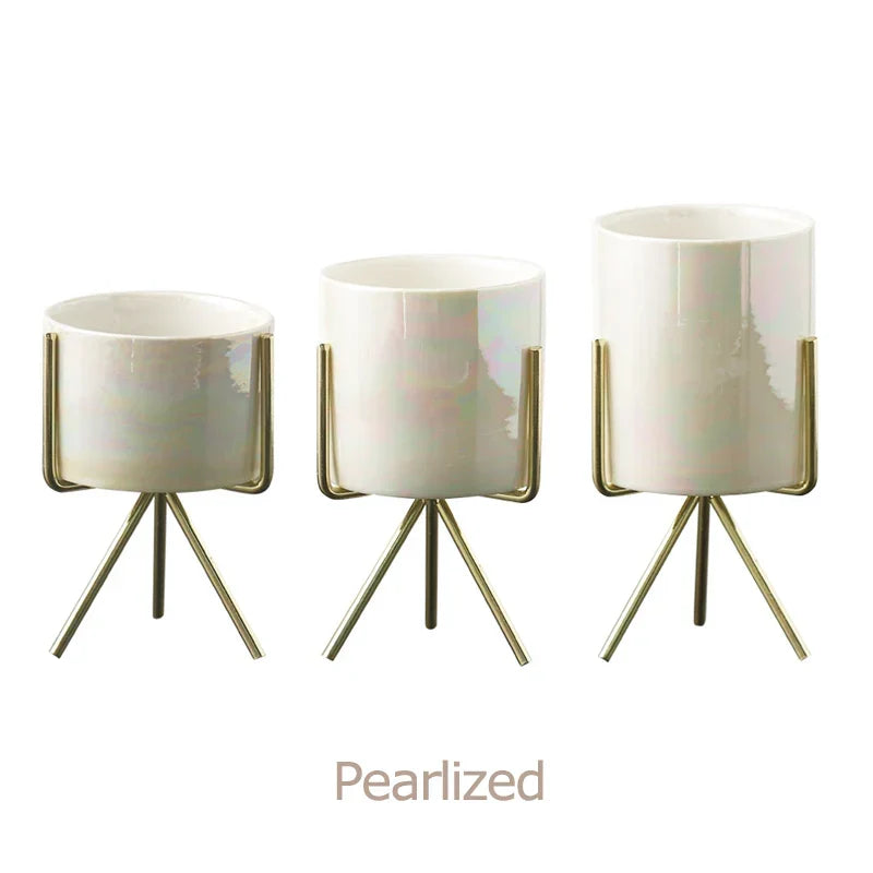 Ceramic Planters Kit Of 3 With Gold Iron Stand Contemporary Desktop Succulent Planters Fall 2025 Trendy Gift