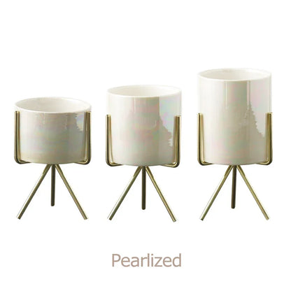 Ceramic Planters Kit Of 3 With Gold Iron Stand Contemporary Desktop Succulent Planters Fall 2025 Trendy Gift