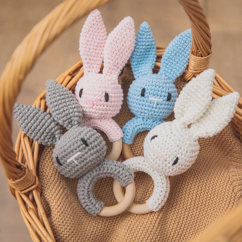 Crochet Wooden Animal Teether Rattle Newborn Sensory Toys